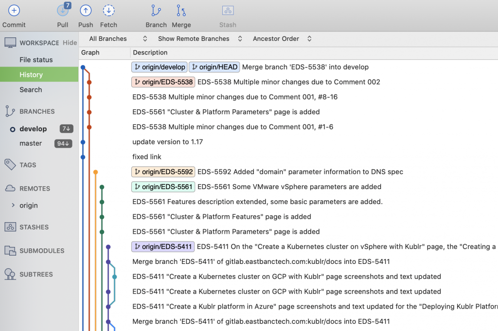 Different branches of the Kublr Docs page